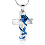 Urn Necklace for Ashes Rose Flower Cross Cremation Jewelry Pendant for Human/Pet Funeral Keepsake Memorial Necklace (Blue)