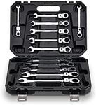 FLZOSPER 12-Piece Flexible Head Ratcheting Wrench Set，Metric Combination Spanner Kit, 8-19mm Chrome Vanadium Steel Ratchet Wrench Set with Portable Suspended Toolbox