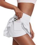 PINSPARK Women's Tennis Skirt High Waist Tennis Skort V-Waistband Ruffle Sports Skirt Summer Golf Skirt with 3 Pockets Pleated Skirt Workout Running with Inner Pants White