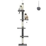 PAWZ Road Cat Tree 5-Tier Floor to Ceiling Cat Tower Height Adjustable (95-107 Inches), Tall Kitty Climbing Activity Center with Scratching Post, Cozy Bed, Dangling Ball for Indoor Cats Grey