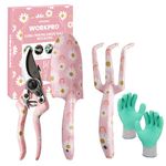 WORKPRO 4 Piece Garden Tools Set, Stainless Steel Hand Tools with Ergonomic Handle, Including Pruner, Trowel, Hand Fork, and Gardening Gloves-Pink