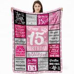 15th Birthday Gifts for Girls, Pink Blanket Birthday Gifts for 15 Year Old, 15th Birthday Decorations for Girl, Blanket Birthday Presents for Teen Girls Age 15, Double Digits Birthday Blanket 50"X60"