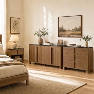 Hotmeily Caldera Collection 3-Piece Furniture Set, Faux Marble & Wood Storage Set with Nightstand, 3 Drawer Accent Cabinet and 4 Door Sideboard Buffet Cabinet, Curved Design with Rounded Body, Walnut