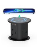 Pop Up Socket with 15W Wireless Charger, Haylink Recessed Power Socket, 4 UK Plug, 3 USB Ports, 2M Cable, for Kitchen, Office Desk, Conference Room, Black