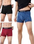 DAMENSCH Men's Deo-Cotton Deodorizing Trunk- Pack of 3- Marbled Blue, Spotted Black, Snapping Red- Medium