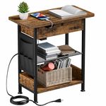 MESHDO 3-Tier End Table with Charging Station, Flip Top Side Table with USB Ports and Outlets for Small Spaces, Nightstand with Storage Shelf and Storage Bag for Living Room, Bedroom, Rustic Brown