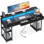 ODK Computer Desk with Fabric Drawers and Power Outlet, 63 Inch Home Office Desk with Storage Shelves, Writing Desk with Monitor Stand, Work Study Desk with LED Lights, Black