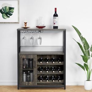 GarveeHome Wine Cabinet with Large Storage Space and Detachable Rack, Industrial Sideboard and Buffet Cabinet with Glass Holder and Mesh Door, Dark Wood