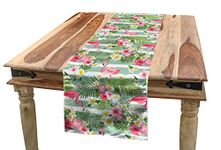 Ambesonne Flamingo Table Runner, Flamingos with Exotic Hawaiian Leaves Flowers on Striped Vintage Background, Dining Room Kitchen Rectangular Runner, 12" X 72", Green Pink White