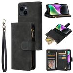 QLTYPRI Case for iPhone 14, Large Capacity Leather Wallet Case 6 Card Holder & 1 Zipper Pocket Kickstand Wrist Strap Magnetic Case for iPhone 14 - Black