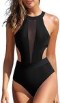 Holipick Women's One Piece Swimsuit Cutout High Neck Bathing Suits Tummy Control Swimwear for Teen Girls, Black Mesh, Large