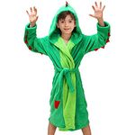 LOLANTA Boys' Girls Plush Hooded Bathrobe - Dinosaur Fleece Robe (Green, 8-10 Years)