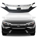 Kspeed Front Bumper Grille for 2016 2017 2018 Honda Civic, Black with Chrome Molding Front Upper Hood Grill Replacement Part