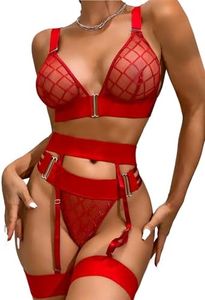 JFAN Conjunto de Lencería para Mujer Lencería de Encaje Malla Ropa Interior Recorte Rejilla Babydoll con Liguer Rojo