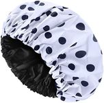 DAZUINIAO Shower Cap for Women Large Double Layer Reusable Waterproof Adjustable Satin Lined Shower Cap for Long Hair (Polka Dot)