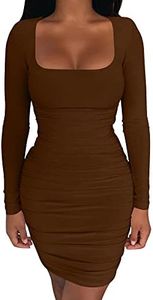 Kaximil Women's Sexy Bodycon Ruched Mini Club Dress Long Sleeve Basic Casual Dresses, Small, Coffee