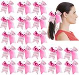 20 Pieces7 Inch Breast Cancer Awareness Cheer Bows Pink Ribbon Hair Band Elastic Scrunchies Cheerleading with Hair Band Hair Accessories for Teens Women (light pink)