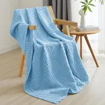 PHF 100% Cotton Waffle Weave Throw Blanket for Couch - Lightweight Washed Cotton Throw Blanket for Bed - 50"x60" Aesthetic Breathable Blanket for Room Decor & Office - Sky Blue