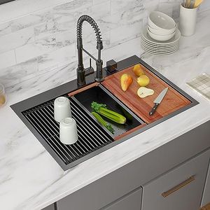 Funmier 33 Inch Black Drop In Kitchen Sink - 33x22 Inch Gunmetal Black Stainless Steel Workstation, 16 Gauge Deep Single Bowl Topmount, Handmade Kitchen Sink with Cutting Board & Strainer