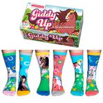 United Oddsocks Giddy Up - Box of 6 Horsey Calf Socks for Girls UK 12-5.5 (EUR 30.5-38.5) Fun and Quirky Gift for Horse Lovers