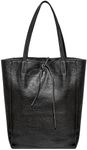 TAKEASY Italian Genuine Leather Tote Bag for Women with Zipper | Large Tall Soft Unlined Handbag Purse for Shopping Work Travel (Black)