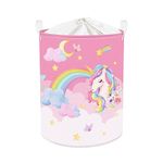Clastyle 45L Pink Unicorn Rainbow Cloud Kids Girls Laundry Hamper Moon Stars Flower Round Toy Clothes Storage Basket for Children Room, 14.2x17.7 in