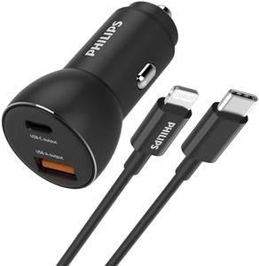 PHILIPS DLP2521L/00 - Cargador de Coche con Puertos USB-A y USB-C y Cable Lightning para iPhone - USB-C a Lightning 1 Metro - Negro