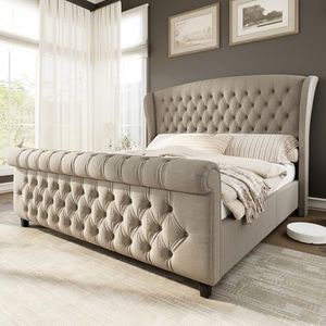 AMERLIFE King Size Platform Bed Frame, Linen Upholstered Sleigh Bed with Scroll Wingback Headboard & Footboard/Button Tufted/No Box Spring Required/Khaki