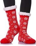 Okara Women's|Men's Winter Snowflake Fleece Lining Knit Thick Warm Christmas Slipper Socks Pack Of 1_Red