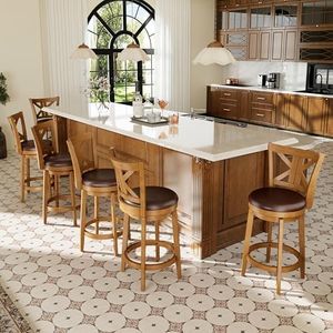 PHI VILLA 26 inch Counter Height Bar Stools Set of 6, Swivel Bar Stools with Back, Wooden Bar Chairs Tall Faux Leather Kitchen Stools