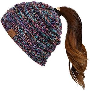 C.C Soft Stretch Cable Knit Messy Bun Ponytail Beanie Winter Hat (MB-816A) (Black Multi(32))