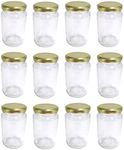 Britten & James 370ml Glass Jam Jar with Gold Twist Top Lid - Pack of 12. Perfect for Home Made Jam, Pickles and Chutney