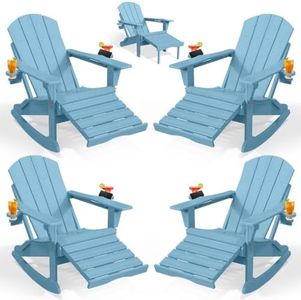 PLUUV Folding Adjustable Adirondack Rocking Chair Set of 4 with Retractable Ottoman and Cup Holders, Outdoor HDPE Adirondack Rocker Patio Chair, Wood-Like Reclining Adirondack Chair, Aruba