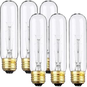 Weyolin 6 Pack T10 Tubular Light Bulbs, 40W Bulb, Clear Incandescent, E26 Medium Base, Warm White, Dimmable Vintage Tubular Style Showcase Bulb