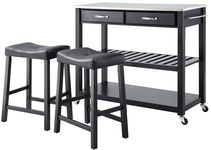 Stainless Steel Top Kitchen Cart/Island in Black Finish With 24'' Black Upholstered Saddle Stools [KF300524BK-FS-CRO]