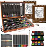 U.S. Art Supply 84-Piece Deluxe Artist Studio Creativity Set Wood Box Case - Art Painting, Drawing, 2 Sketch Pads, 24 Watercolor Paint Colors, 24 Oil Pastels, 24 Colored Pencils, 2 Brush, Starter Kit