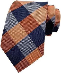 Secdtie Men's Classic Checks Dark Blue Grey Jacquard Woven Silk Tie Necktie, Orange Navy White, One size