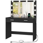 FIONESO Vanity Desk with Large Mirror, Makeup Vanity Table with Power Strip, 10 Lights & 2 Drawers, Dressing Table Set with 3 Lighting Color Adjustable for Women and Girls, Bedroom, Black CNXCJT038HN