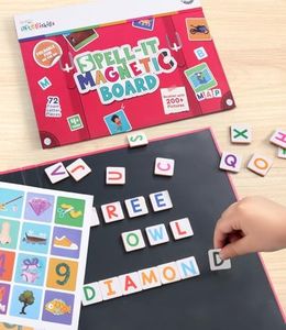 Intelliskills Magnetic Spell-It Foldable Board for Kids, 62 Pictures & 144 Alphabet, 72 Foam Letter Pieces, Educational & Learning Toys for Kids, Magnetic Alphabets for Kids 3+ Year Old, for Gifting