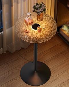 VASAGLE Bar Table, Round Cocktail Table with Multi-Colored Lights and Glass Top, Large Steel Base, 41.3 Inches Tall Pub Table for Kitchen, Bistro, Parties, Cloud White and Ink Black
