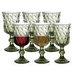 Vintage Wine Glasses Set of 6,200ml/6.8OZ Retro Glass Goblet Wine Cup Glassware with Embossed Pattern,Green Stemmed Wine Glass Cups for Wedding Party Christmas Housewarming Gift