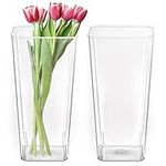 Suwimut 2 Pack Flower Acrylic Vase Decorative Centerpiece for Home or Wedding - Break Resistant Large Plastic Square Tapered Vase Tall Rectangle Vase, 7 x 14.5 Inch Cube Shape - Clear