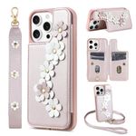 rongki Crossbody Wallet Case for iPhone 16 Pro Max Phone with Card Holder Phone Purse for Women, RFID Blocking Flower Magnetic Back Flip Cover Case with Wrist Strap for iPhone 16 Pro Max (Rose Gold)