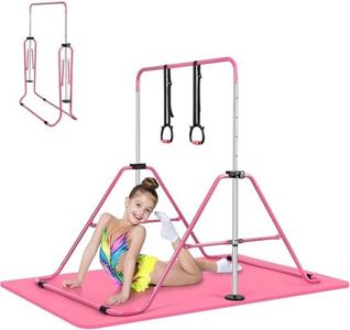 Foldable Gymnastics Bar for Kids, 5 Adjustable Height Horizontal Junior Training Monkey Bar, 70KG Max Load, Stable Design, Easy to Move & Store for Indoor Outdoor Use, Perfect Kids Gift (Pink-mat)