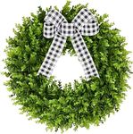 24" Faux Round Boxwood Wreath, Vlorart Artificial Wreath Front Door Wreaths Spring Summer Greenery Hanging with A Plaid Bow for Front Door Wall Hanging Window Wedding Party Decor