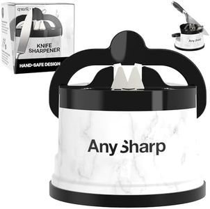 AnySharp – EDITIONS – Hands Free Knife Sharpener - Easy to Use Sharpening Tool w/PowerGrip Suction Base and 20-Degree Pre-set Angle - For All Knives: Chef’s, Serrated, Hardened Steel - White Marble
