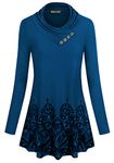 Miusey Women's Long Sleeve Cowl Neck Form Fitting Casual Tunic Top Blouse, B Blue Flower, Large