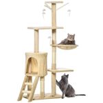 PawHut Cat Tree for Indoor Cats 135cm Cat Tower Scratching Post Kitty Scratcher Climbing Tower with Ladder, Beige