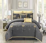 Grand Linen 7 Piece Modern Oversize Grey/Yellow Sunflower Embroidered Comforter set QUEEN Size Bedding