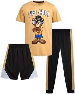 Pro Athlete Active Boys Pant Sets - 3 Piece Crew Neck Short Sleeve Boys TShirts Athletic Shorts and Jogger Sweatpants (8-16), Size 10-12, Tan/Black/Black Bear